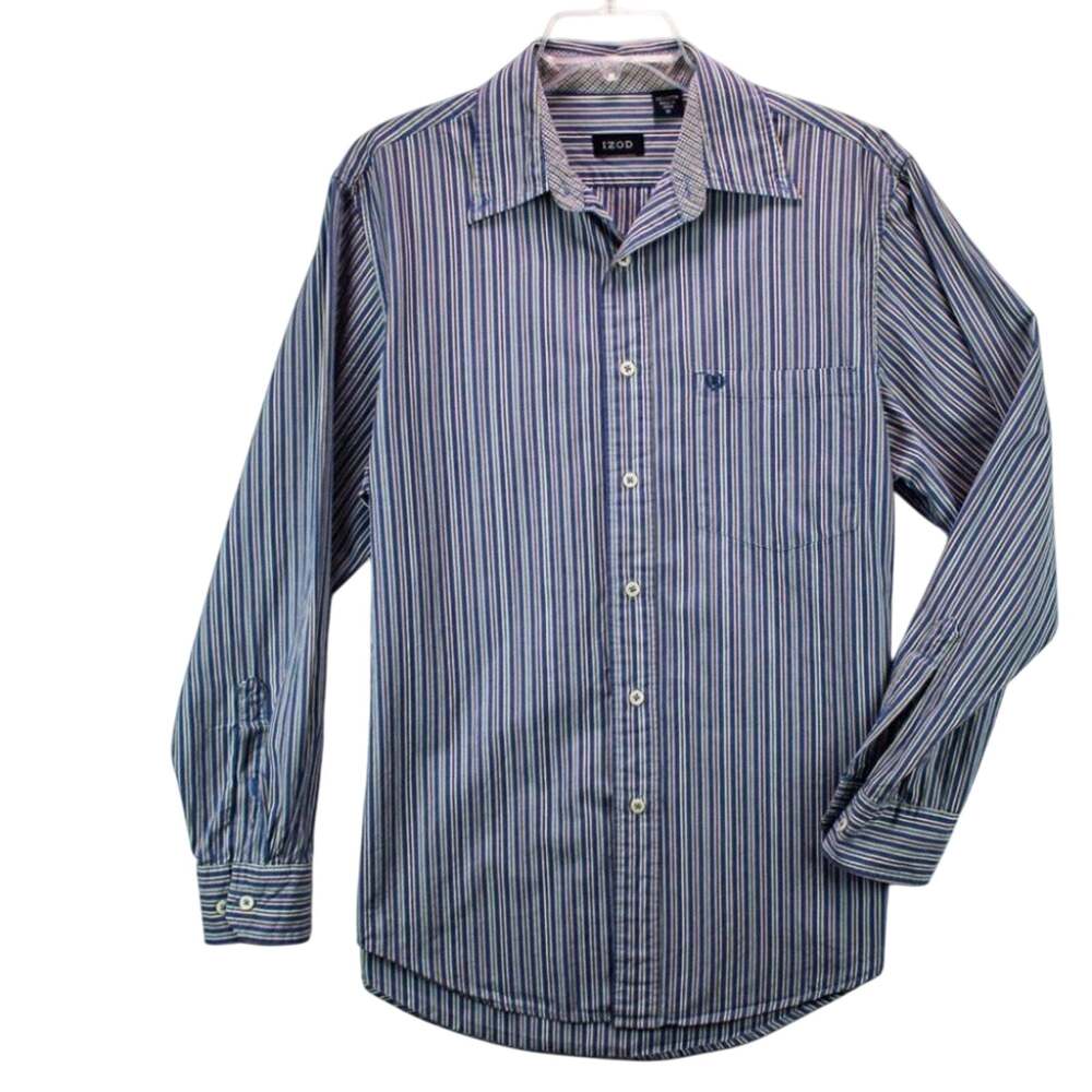 IZOD Men’s Medium Button Down Shirt Blue Multicolor Stripe 100% Cotton